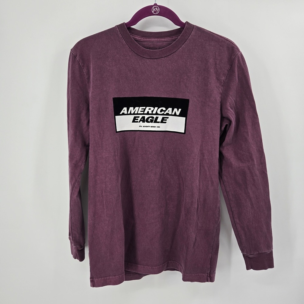 American Eagle Long Sleeve Shirt XS Burgundy Purple Velour Logo Acid Wash GUC